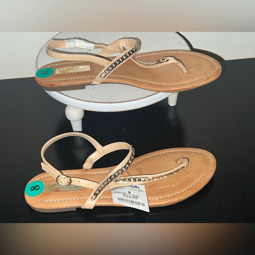 Jessica Simpson Beige/Tan Chain-Trim Thong Sandals Sz 8